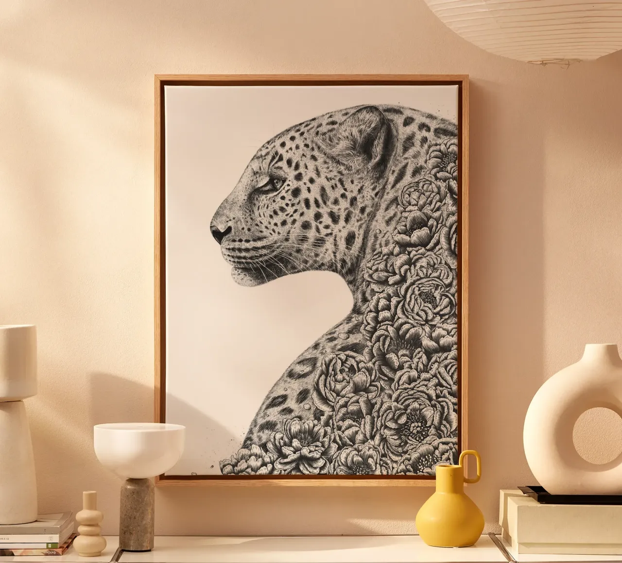 Leopardo con fiori tela con Cornice a cassetta da David Jackson