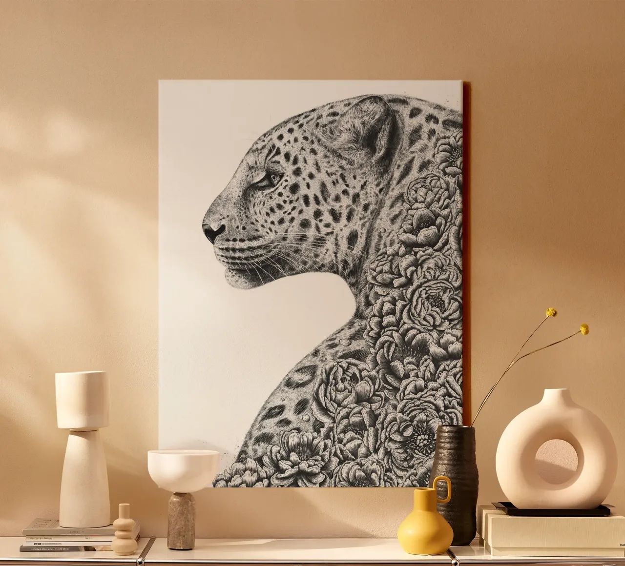 Leopardo con fiori tela con Cornice a cassetta da David Jackson