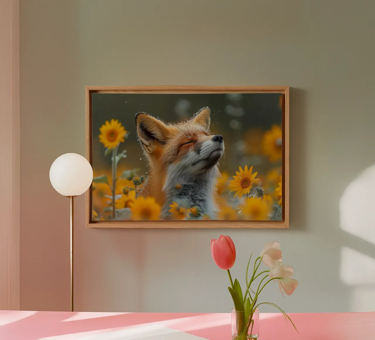 Meditierender Fuchs am Morgen Leinwand mit Schattenfugenrahmen von David Jackson