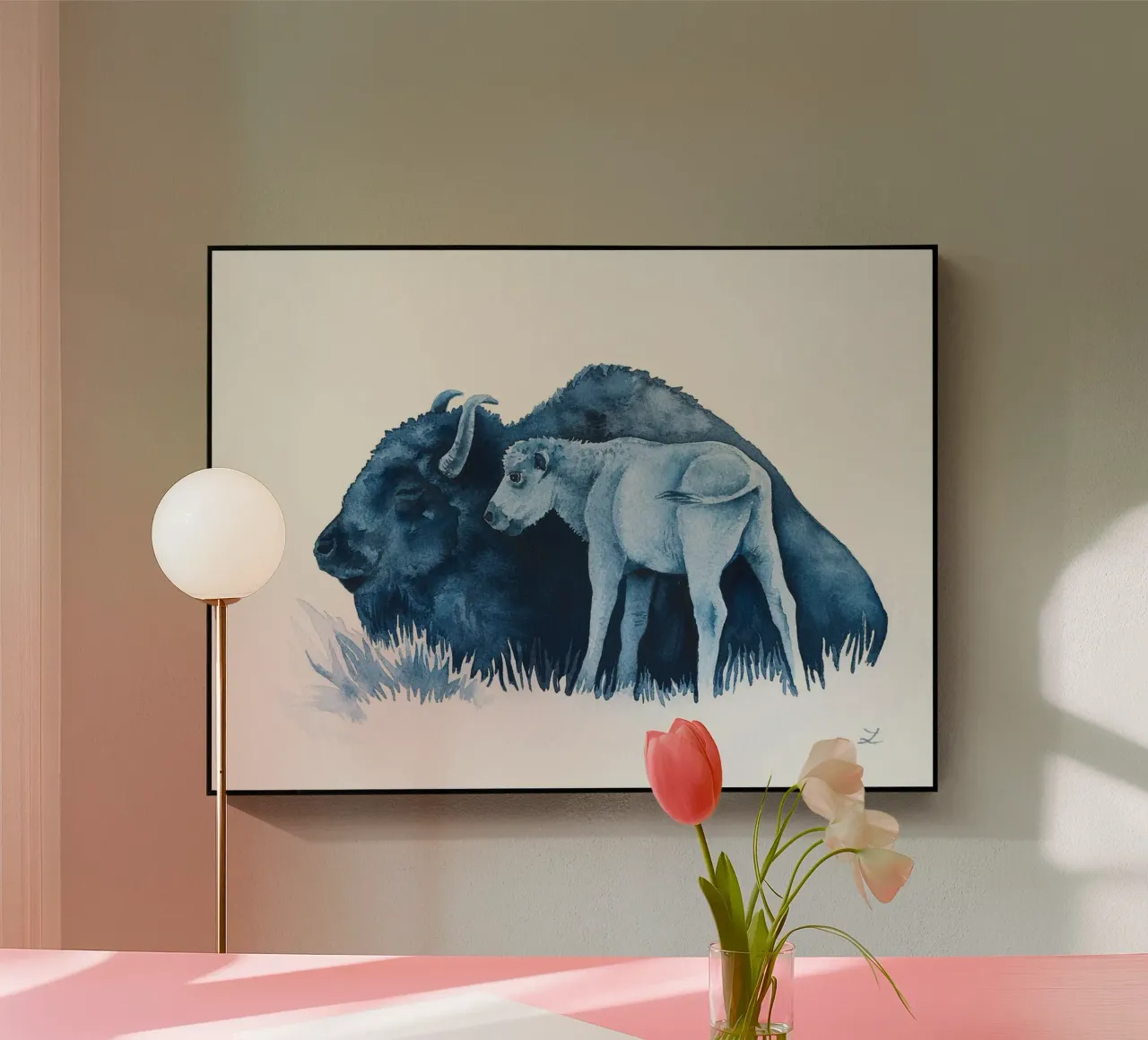 Madre bisonte con il suo vitello plexiglass da David Jackson
