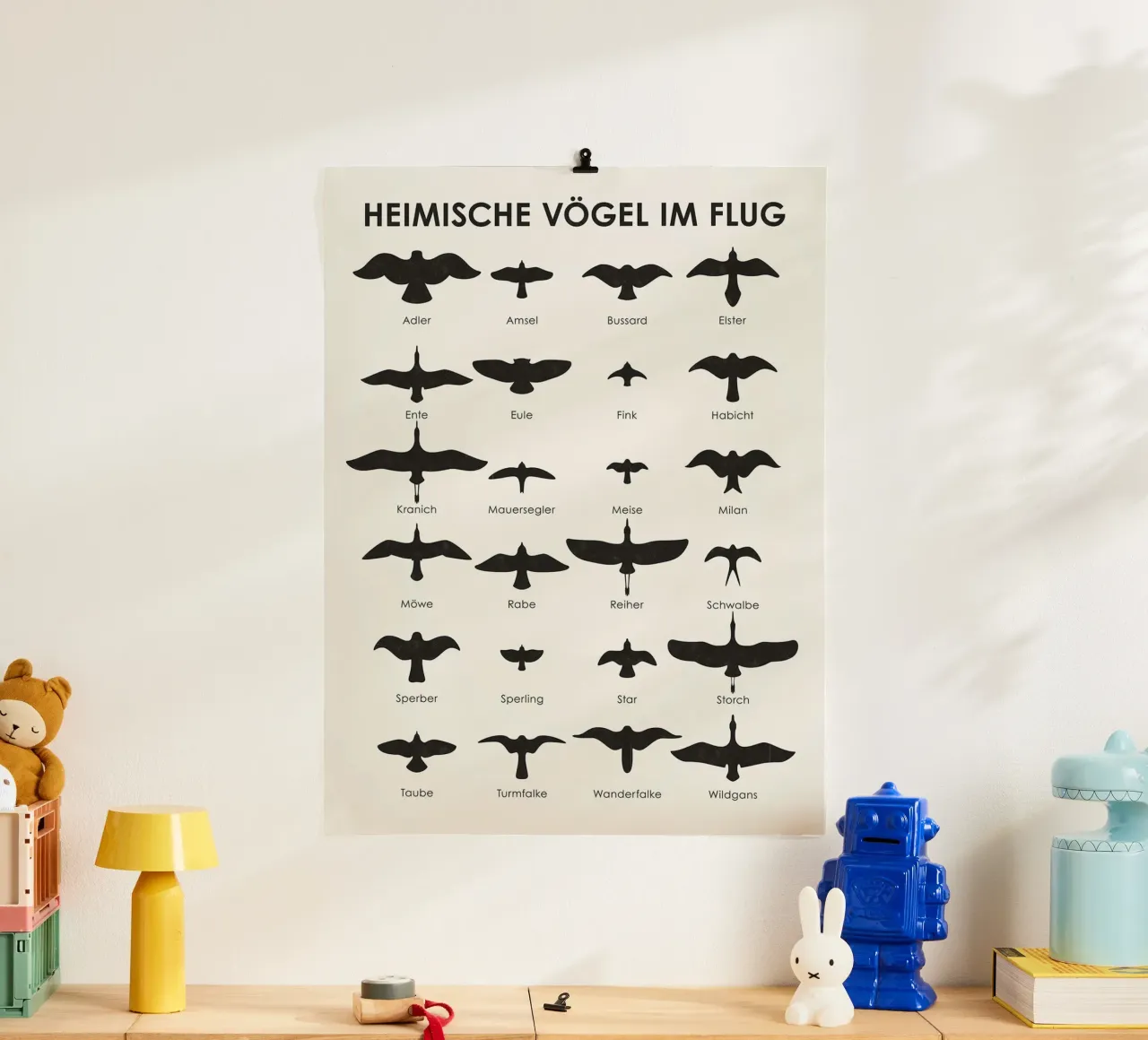 Uccelli nativi in volo (tedesco) poster con telaio in alluminio da David Jackson