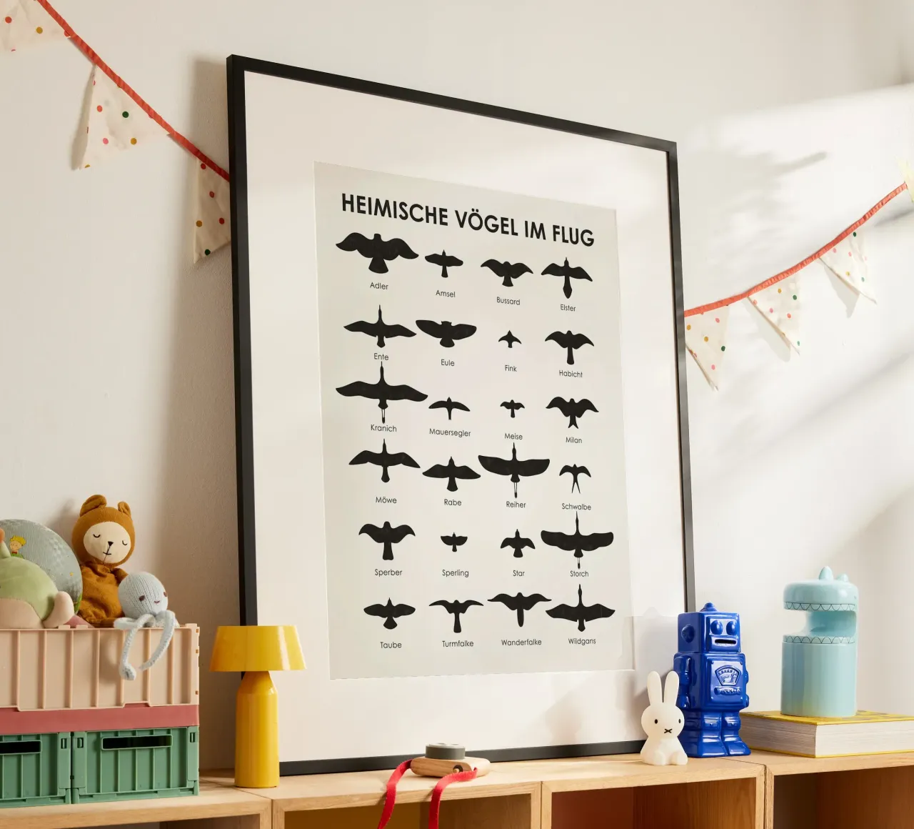 Uccelli nativi in volo (tedesco) poster con telaio in alluminio da David Jackson