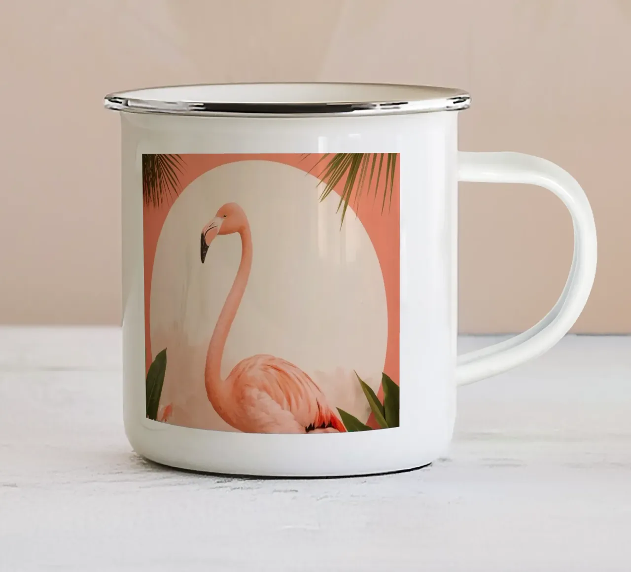 Fenicottero rosa con fiori e foglie di palma tazza in smalto da DesignDoodle