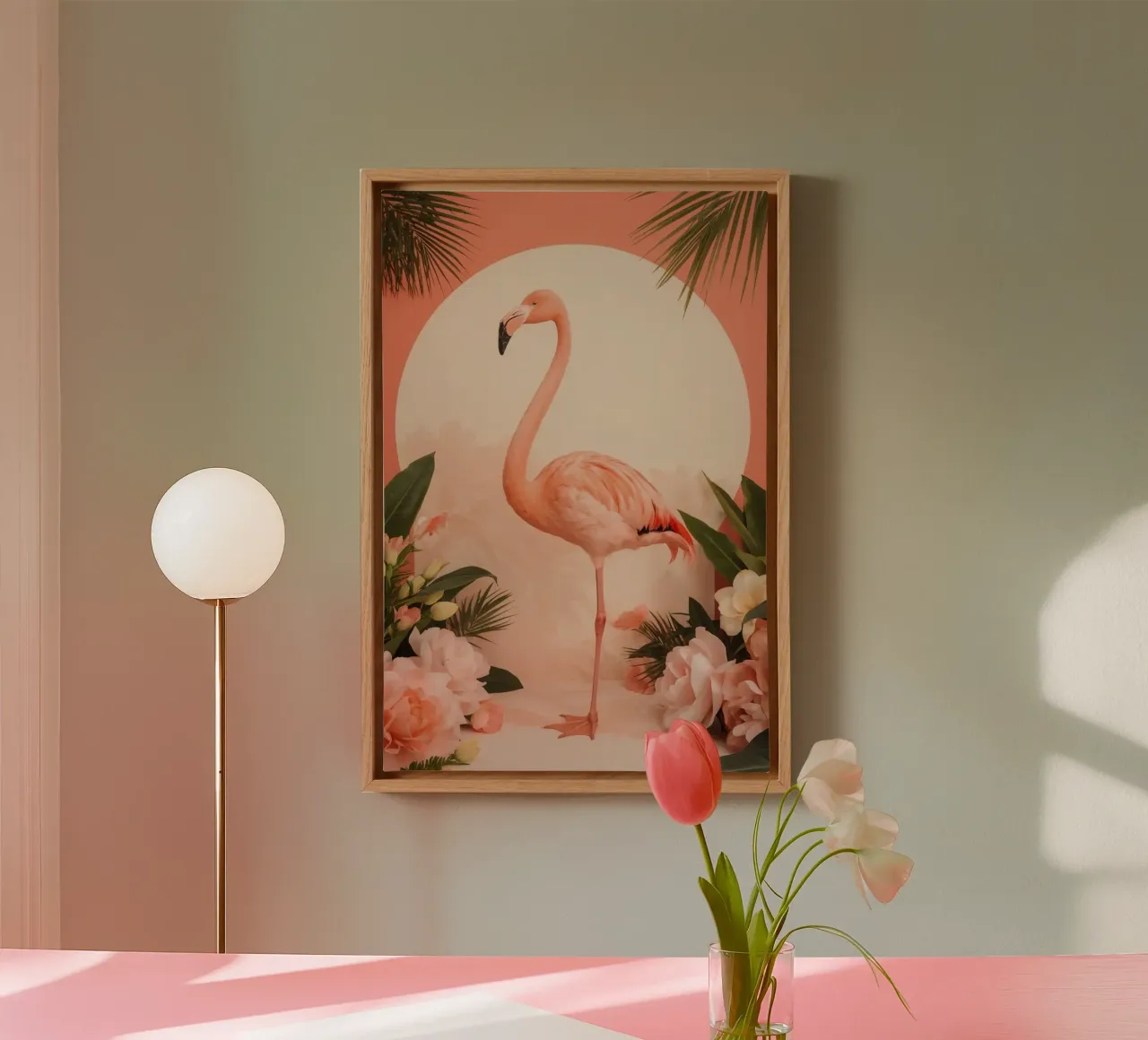 Fenicottero rosa con fiori e foglie di palma tela con Cornice a cassetta da DesignDoodle