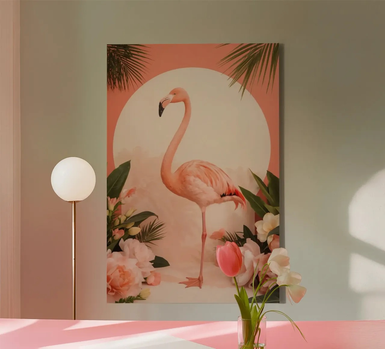 Fenicottero rosa con fiori e foglie di palma tela con Cornice a cassetta da DesignDoodle