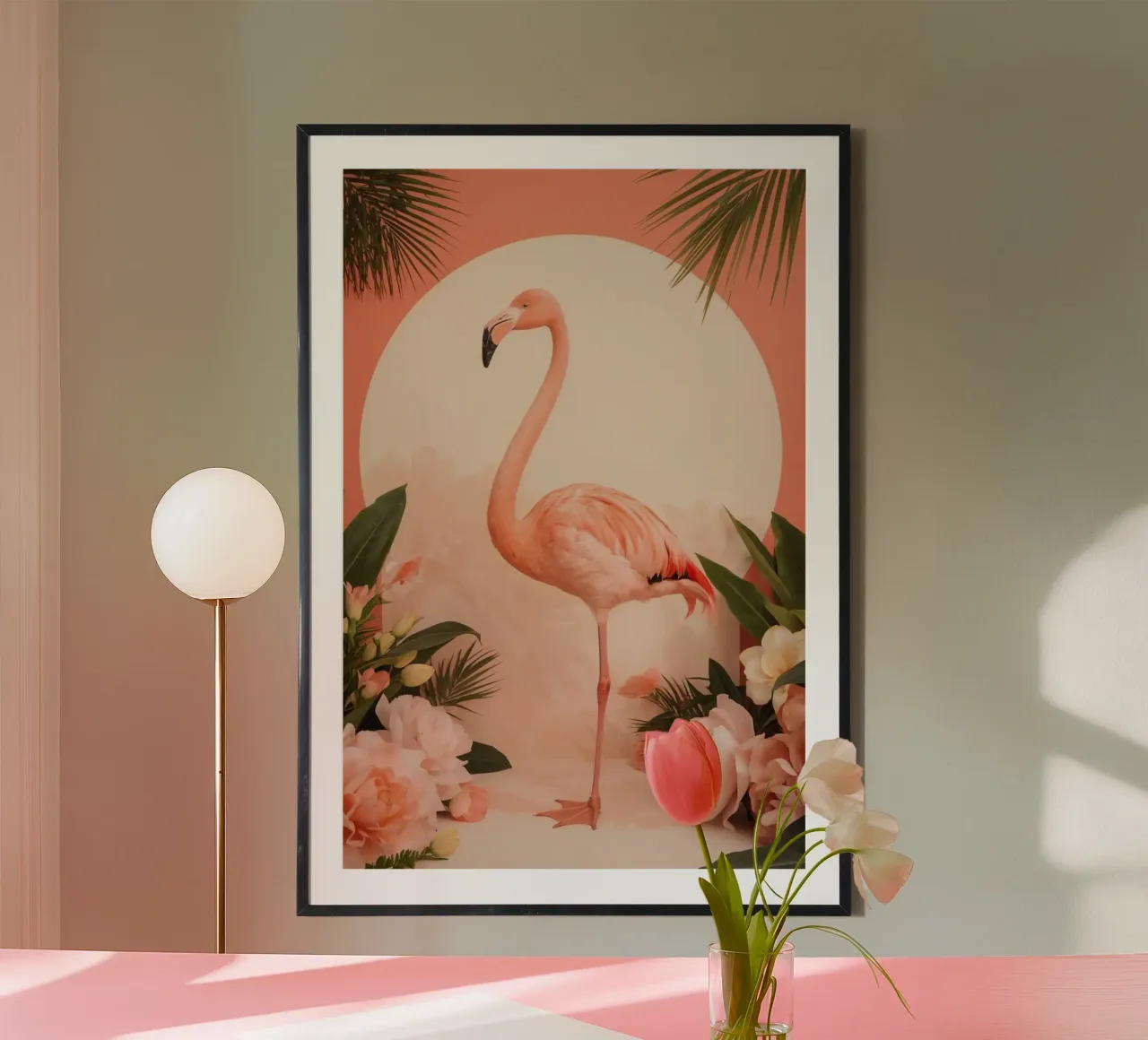 Fenicottero rosa con fiori e foglie di palma poster da DesignDoodle