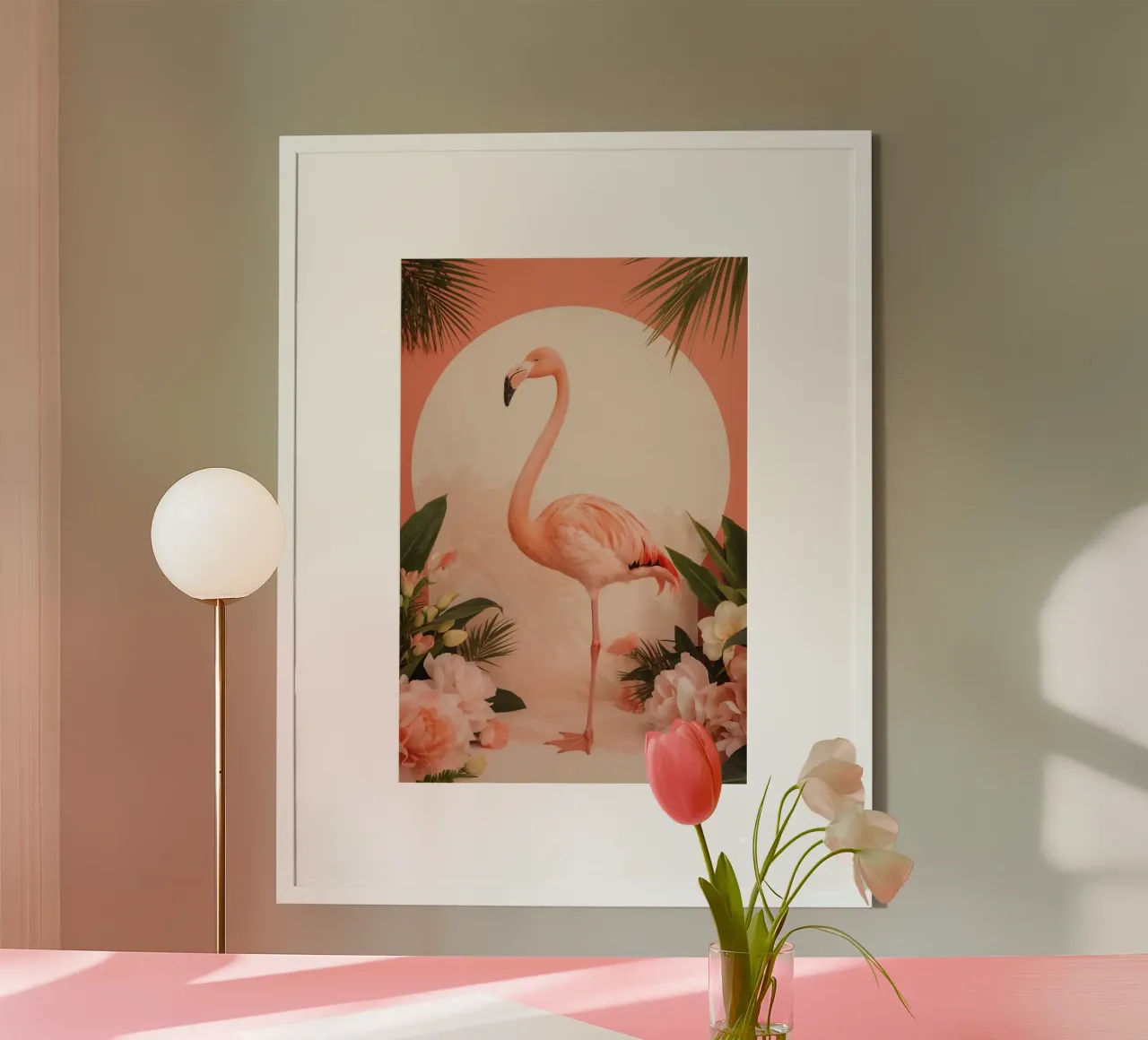 Fenicottero rosa con fiori e foglie di palma poster da DesignDoodle