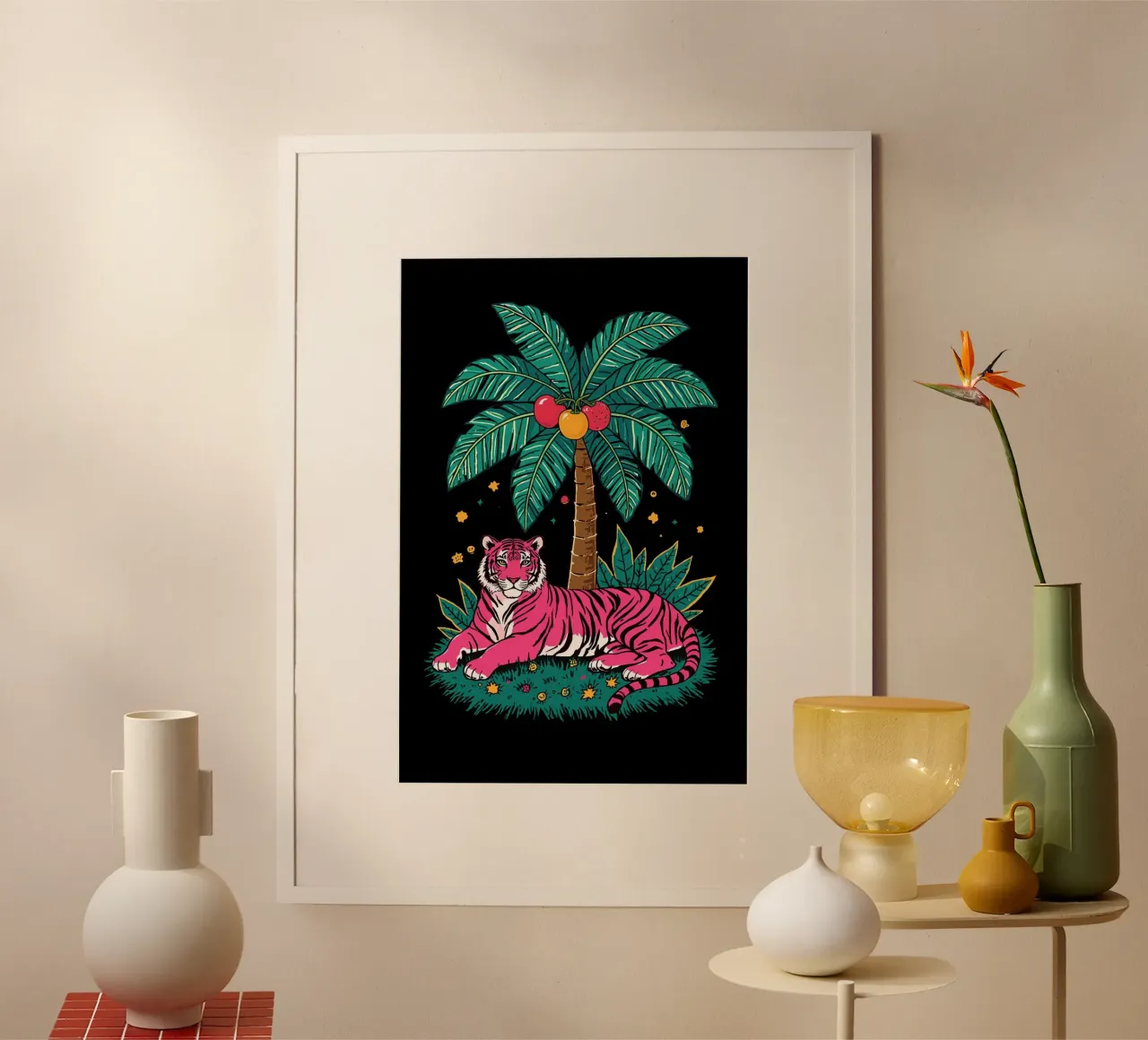 Rosa Tiger unter fruchttragendem Palmenbaum Poster von DesignDoodle