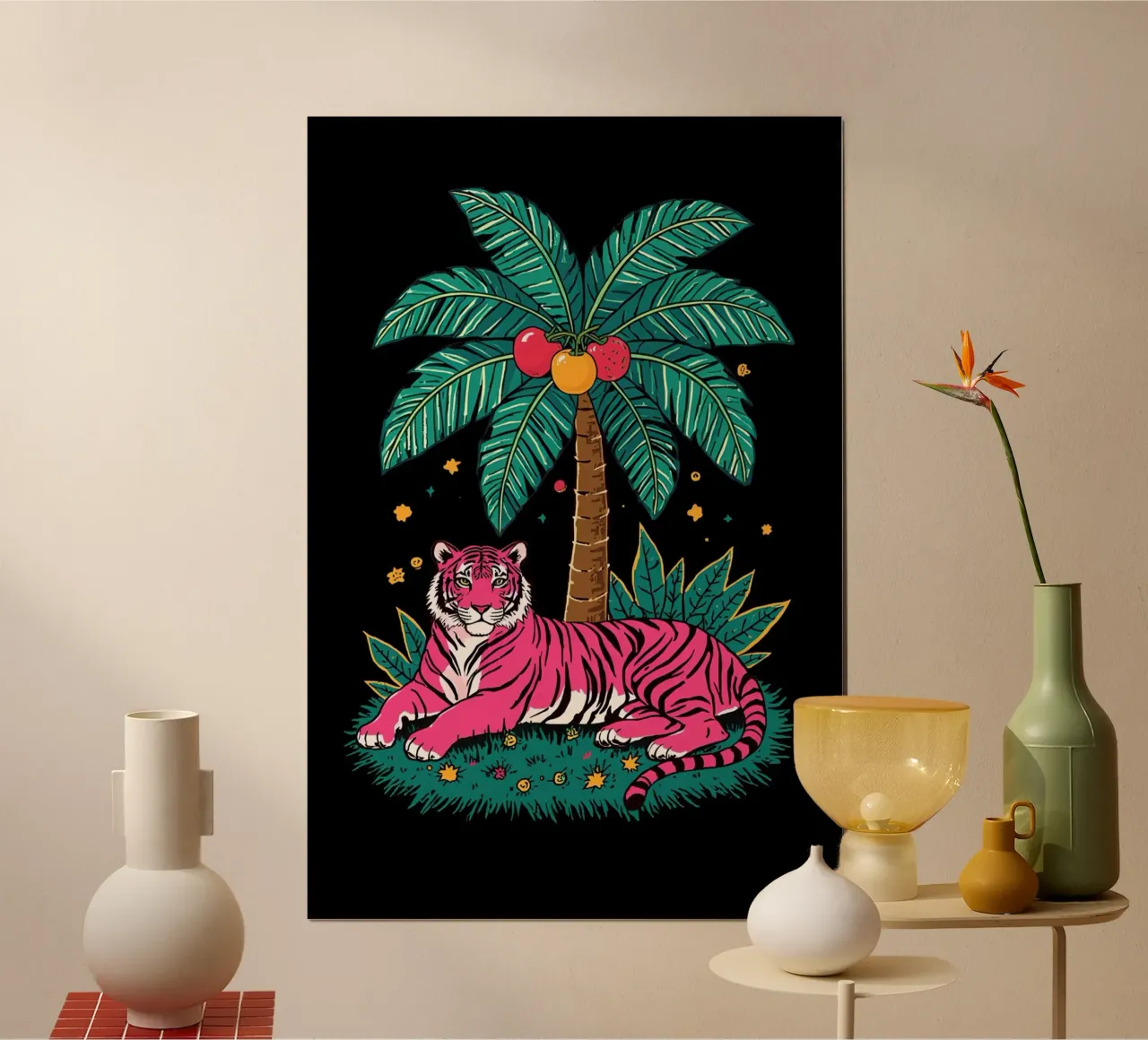 Rosa Tiger unter fruchttragendem Palmenbaum Poster von DesignDoodle