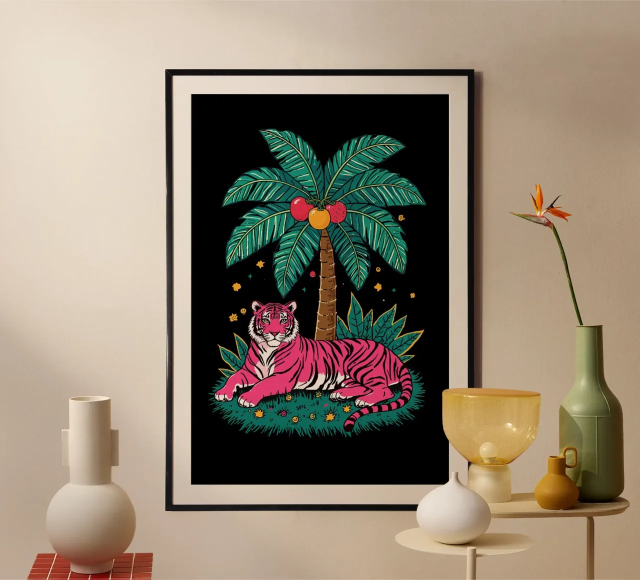 Rosa Tiger unter fruchttragendem Palmenbaum Poster von DesignDoodle