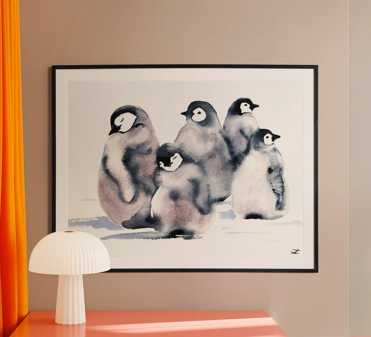 Scuola di pinguini poster con telaio in legno da David Jackson