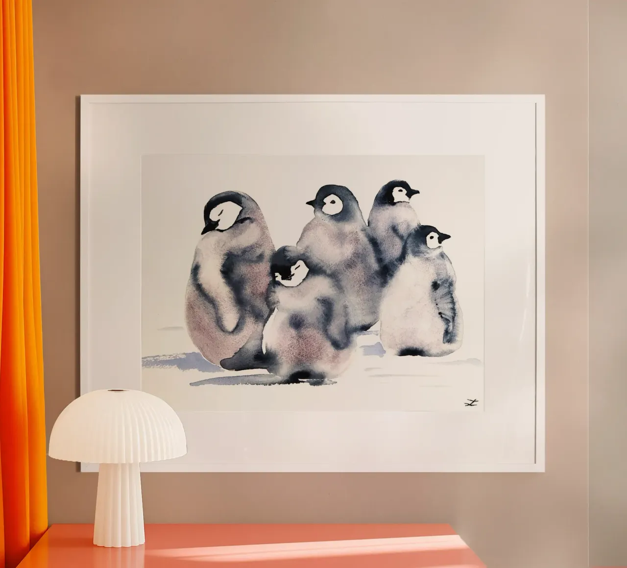 Scuola di pinguini poster con telaio in legno da David Jackson