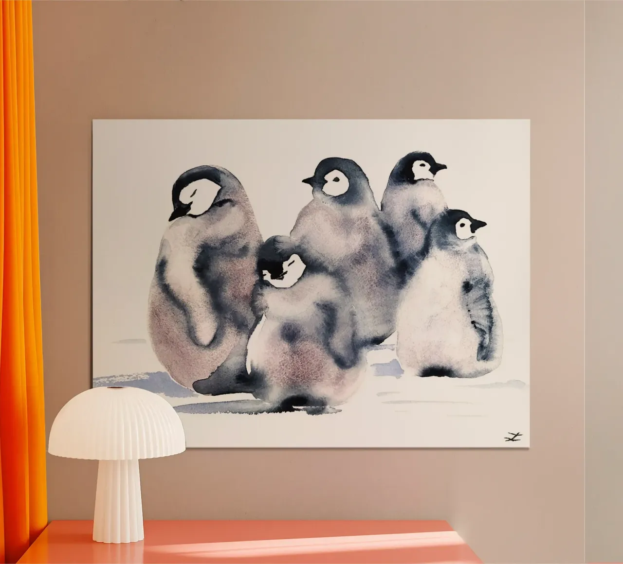 Scuola di pinguini poster con telaio in legno da David Jackson