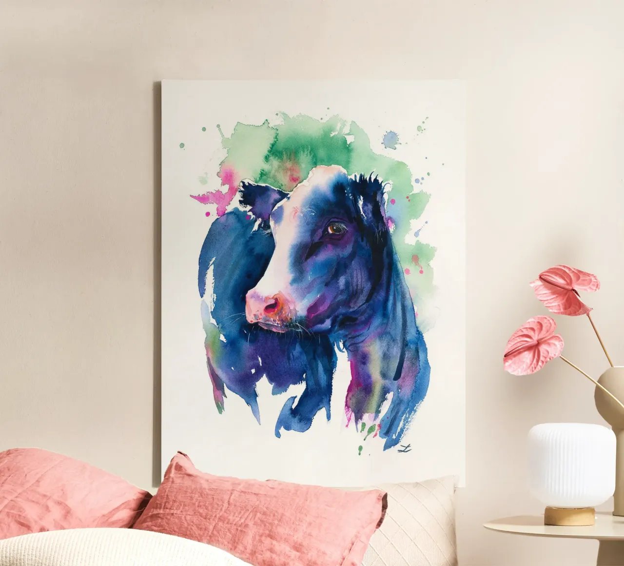 Hübsche blaue Kuh Leinwand mit Schattenfugenrahmen von David Jackson