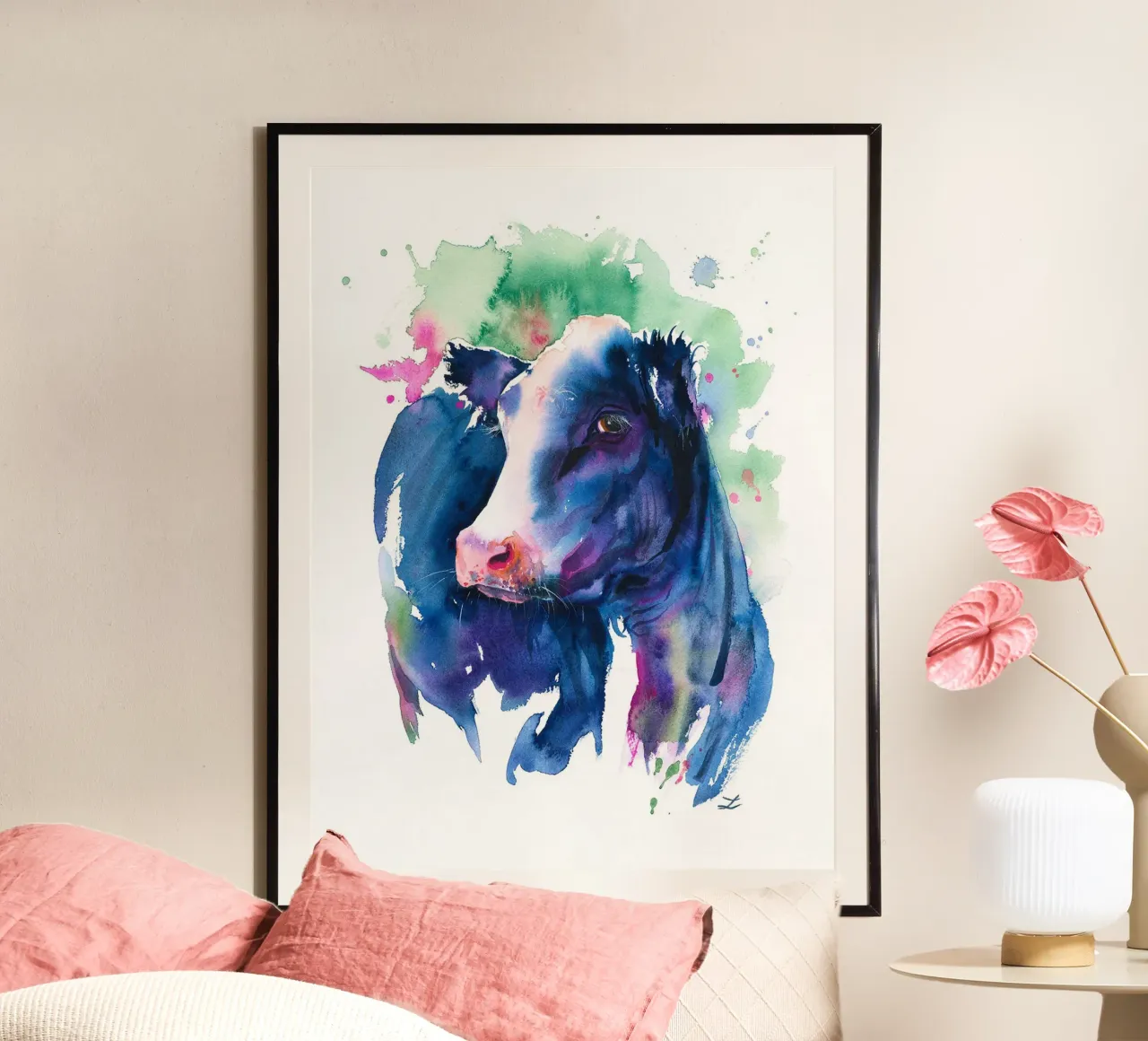 Hübsche blaue Kuh Poster mit Kunststoffrahmen von David Jackson