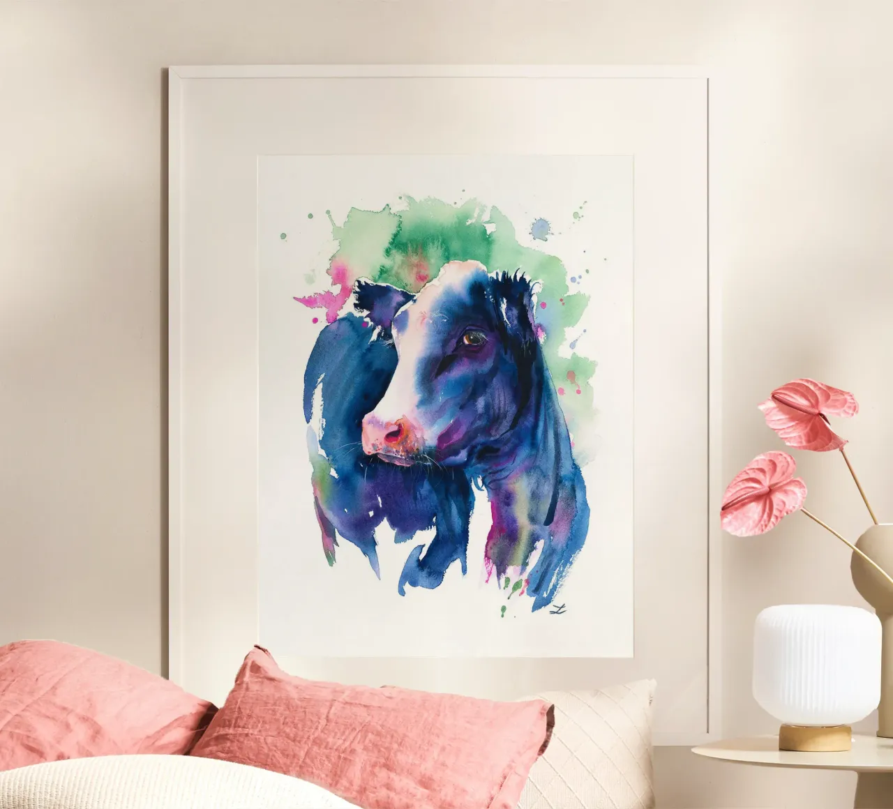 Hübsche blaue Kuh Poster mit Kunststoffrahmen von David Jackson