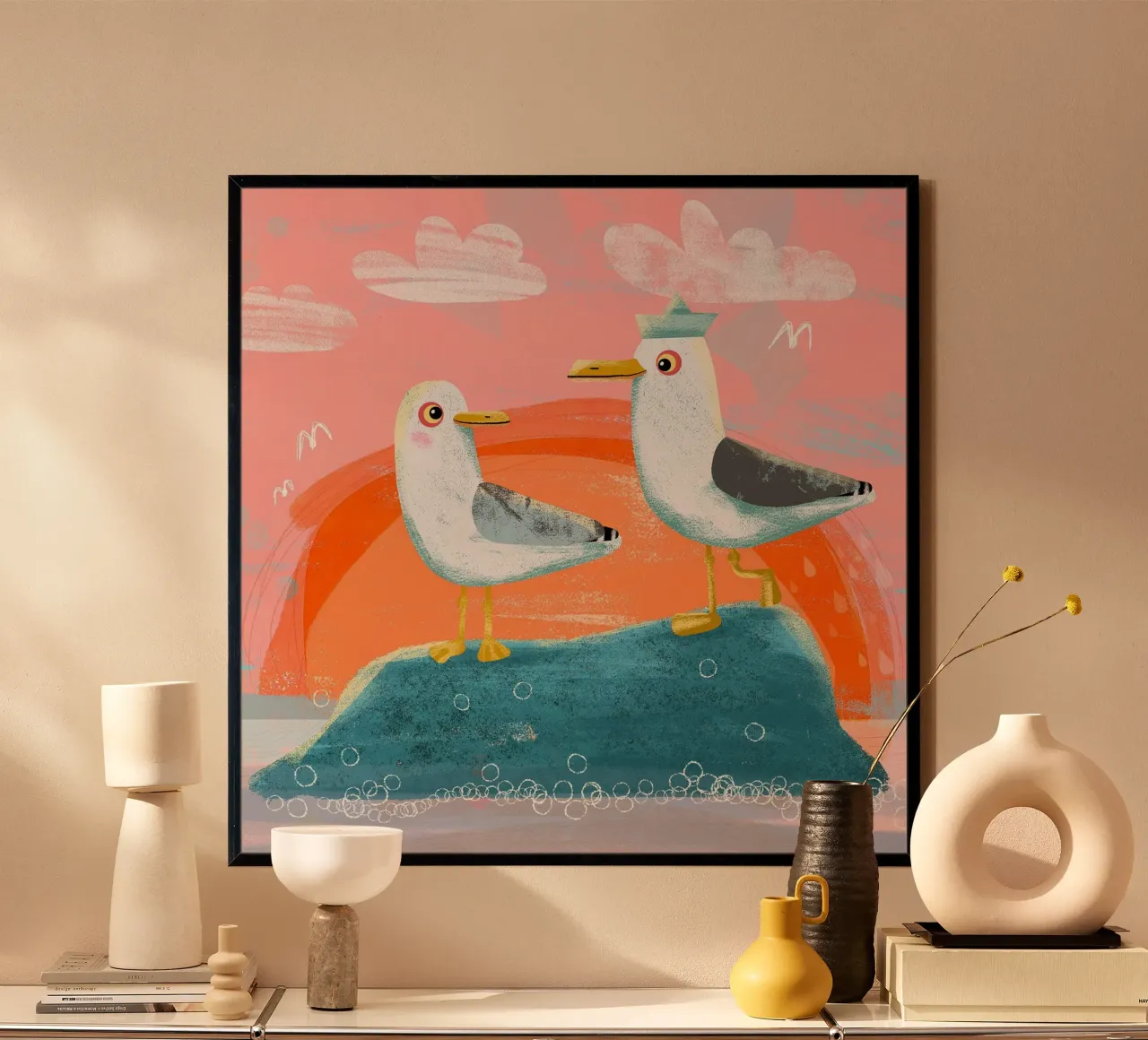 Gabbiani innamorati poster con telaio in legno da David Jackson