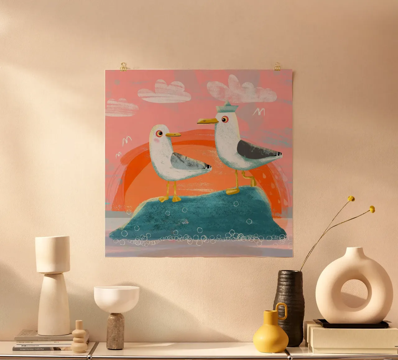 Gabbiani innamorati poster con telaio in legno da David Jackson