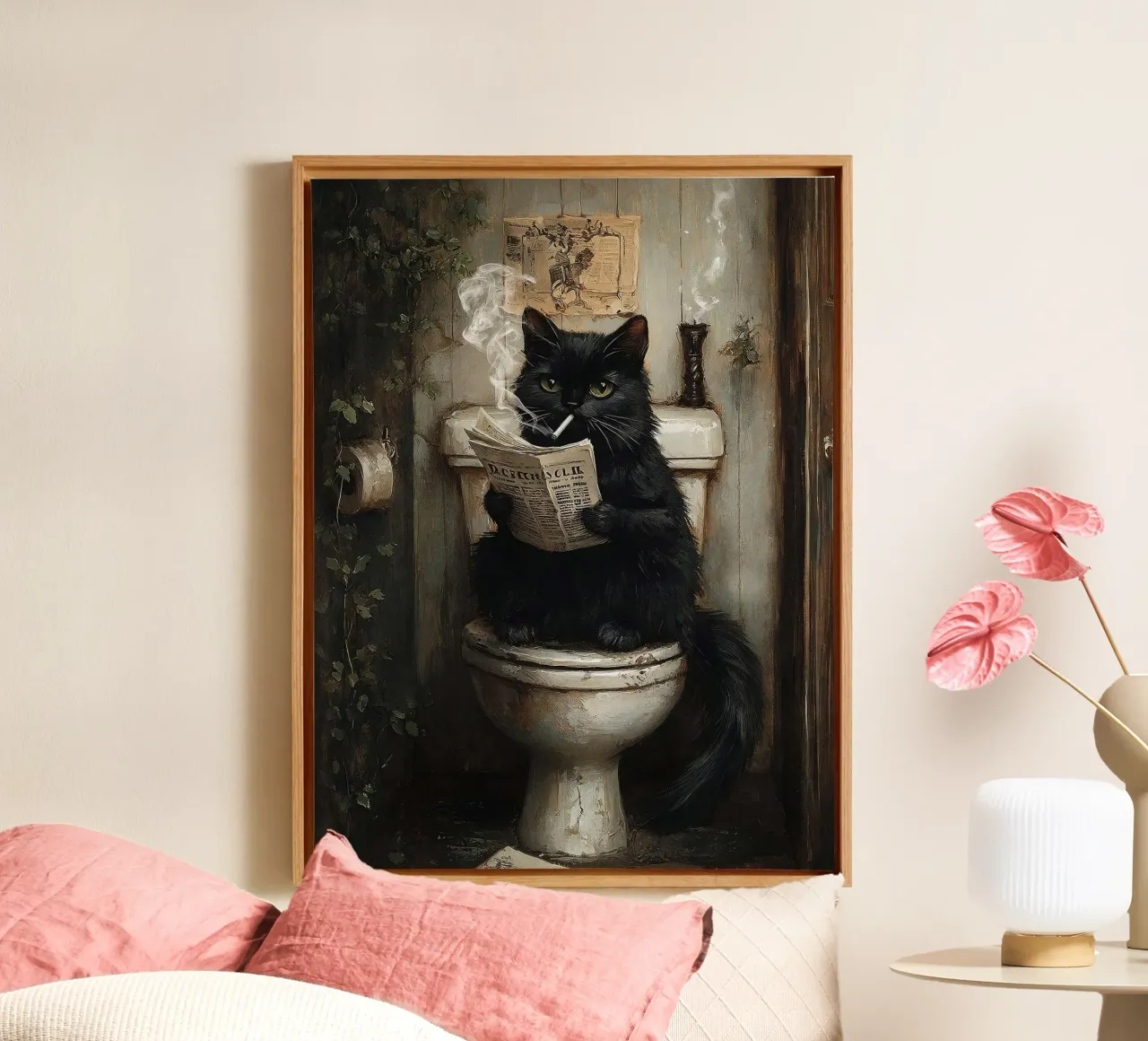 Gatto nero fumante che legge il giornale sul water tela con Cornice a cassetta da David Jackson