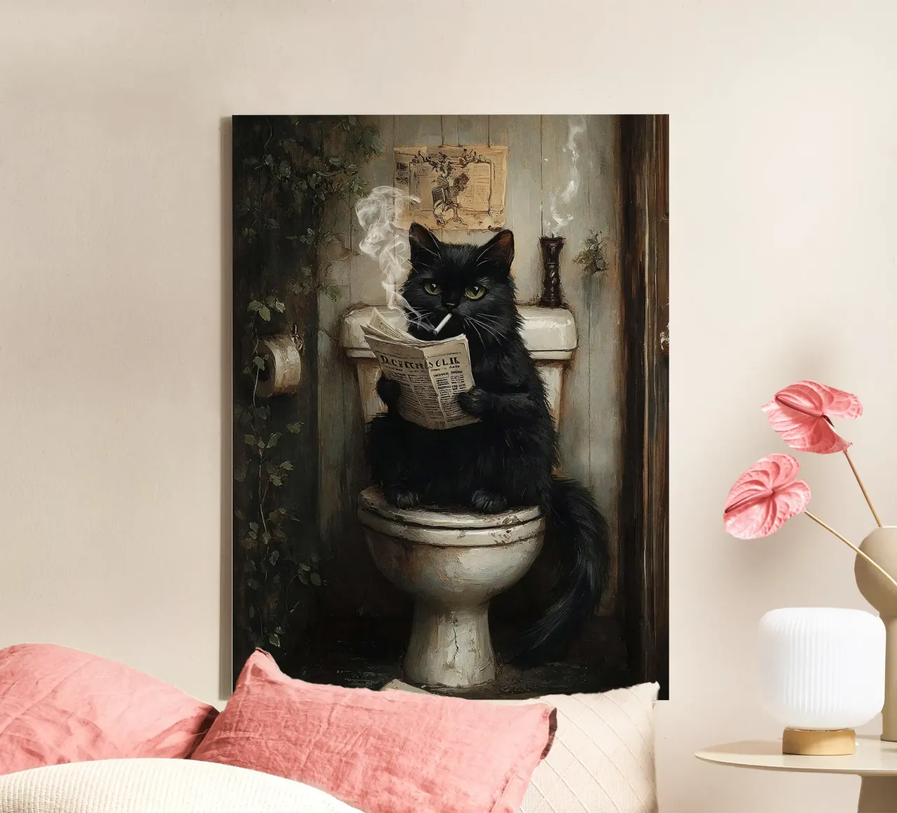 Gatto nero fumante che legge il giornale sul water tela con Cornice a cassetta da David Jackson