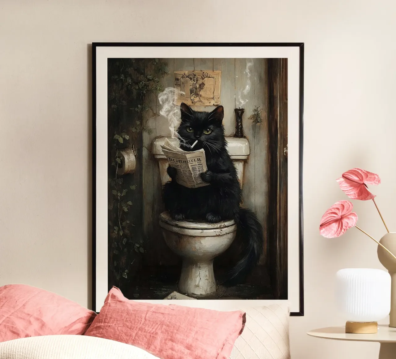 Gatto nero fumante che legge il giornale sul water poster con telaio in alluminio da David Jackson