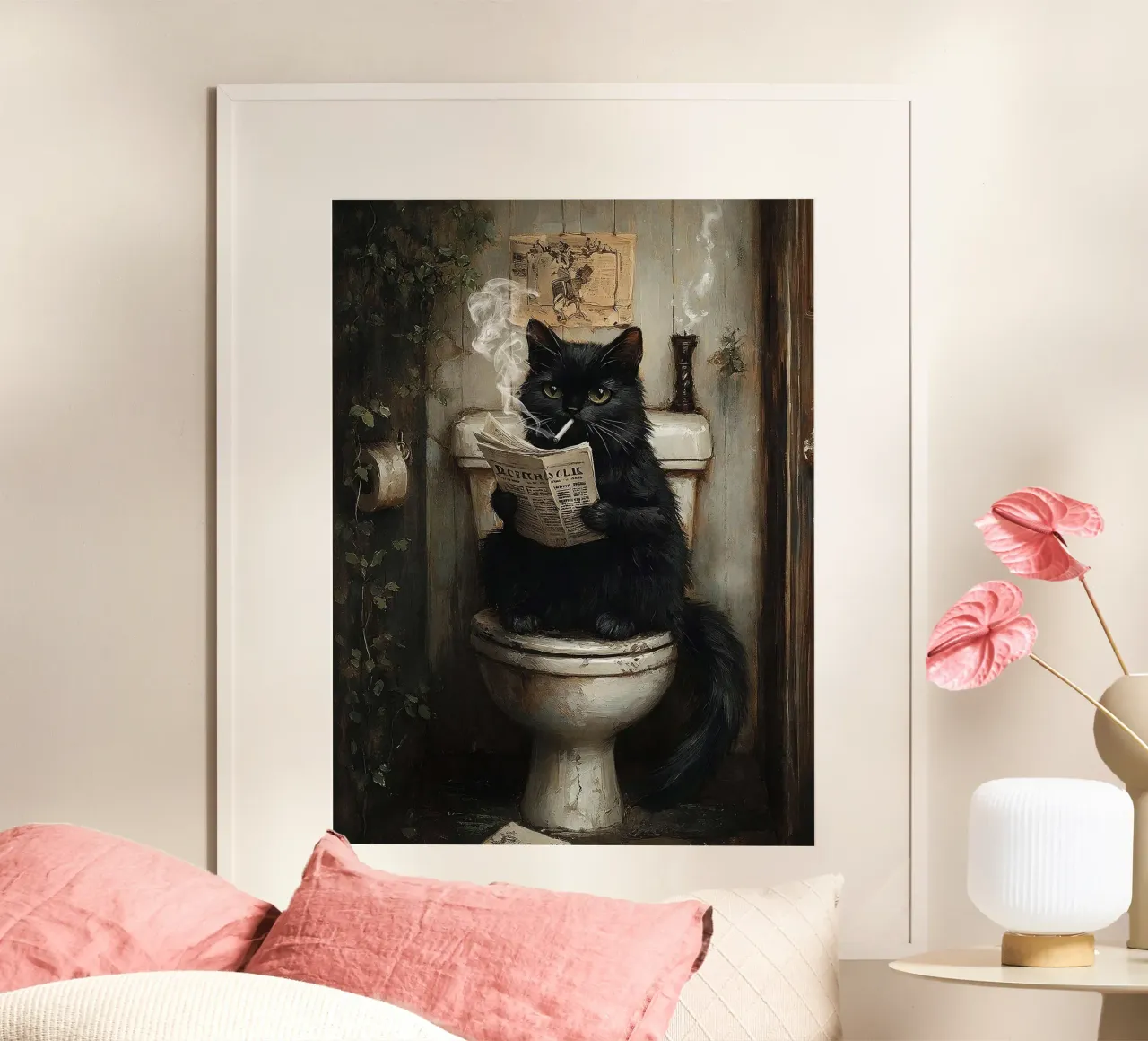 Gatto nero fumante che legge il giornale sul water poster con telaio in alluminio da David Jackson