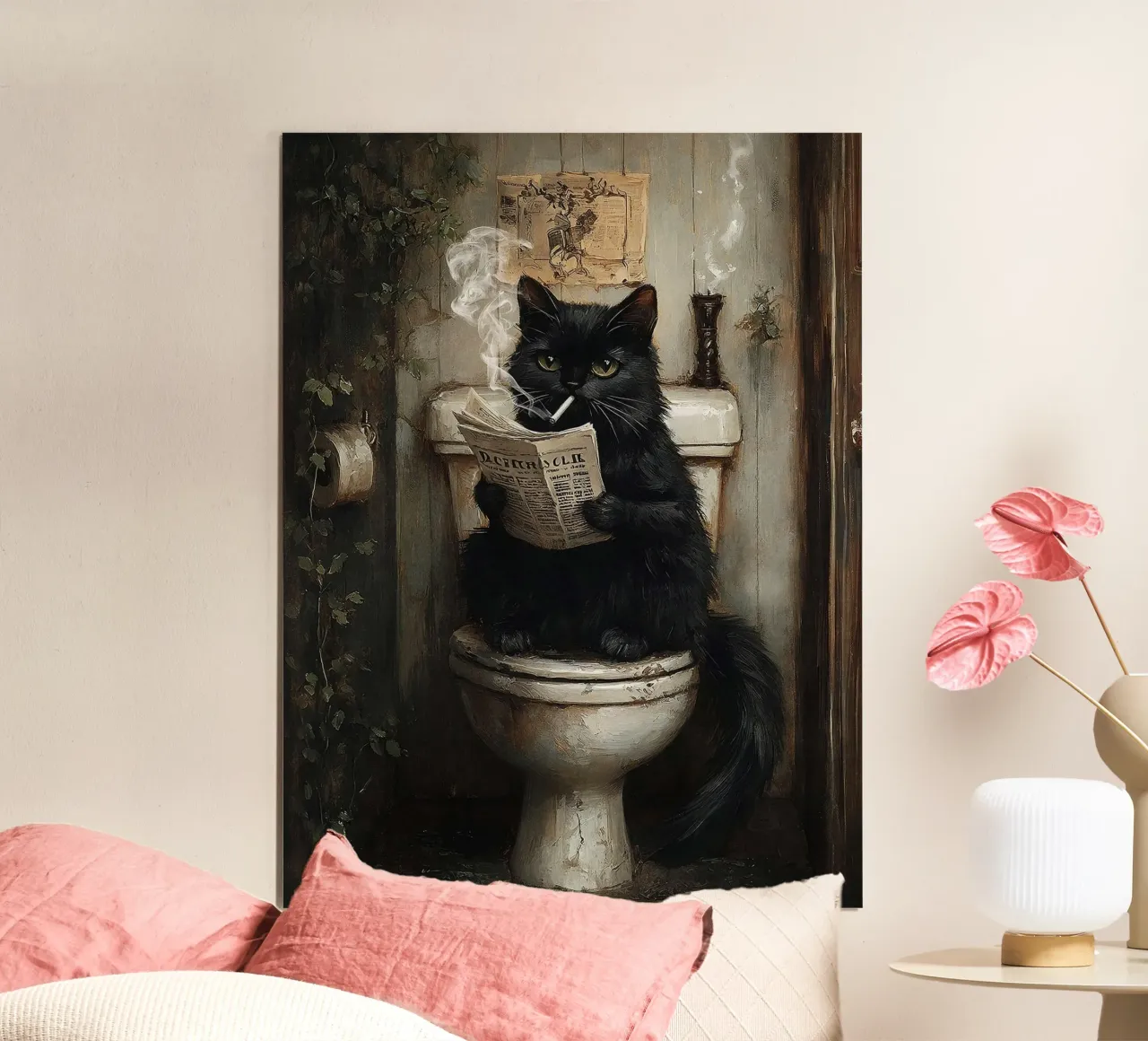 Gatto nero fumante che legge il giornale sul water poster con telaio in alluminio da David Jackson