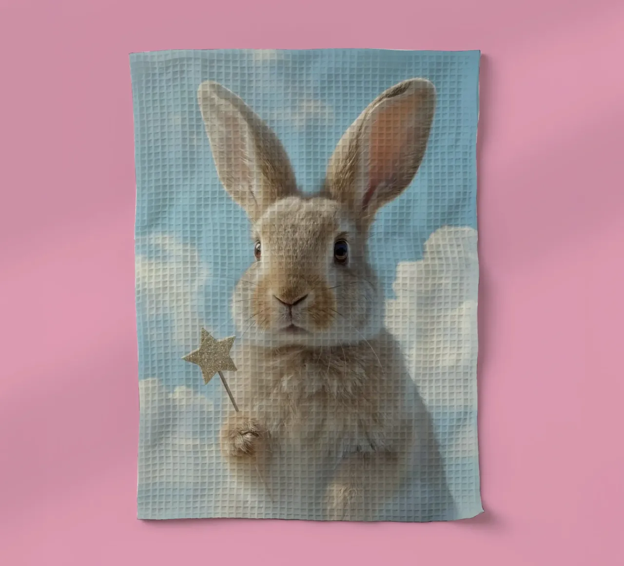 Lapin tenant une baguette étoilée sur fond de ciel bleu torchon de DesignDoodle