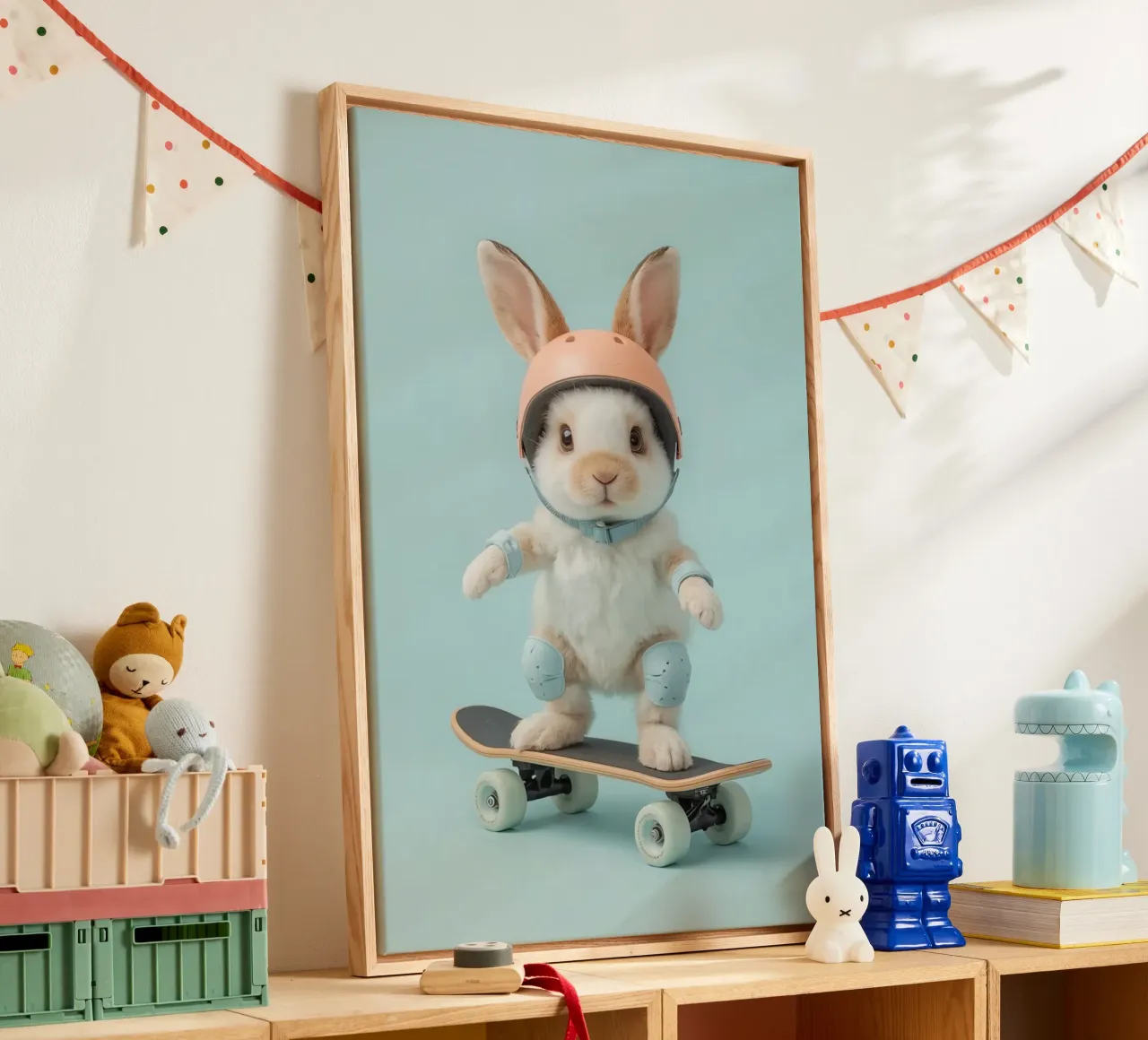 Coniglio su skateboard con attrezzatura di sicurezza tela con Cornice a cassetta da DesignDoodle