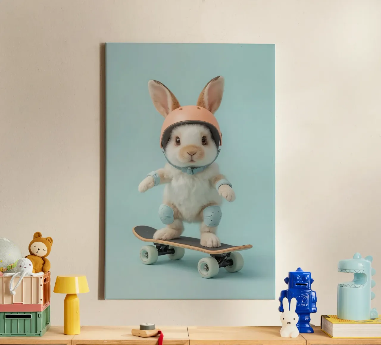 Coniglio su skateboard con attrezzatura di sicurezza tela con Cornice a cassetta da DesignDoodle