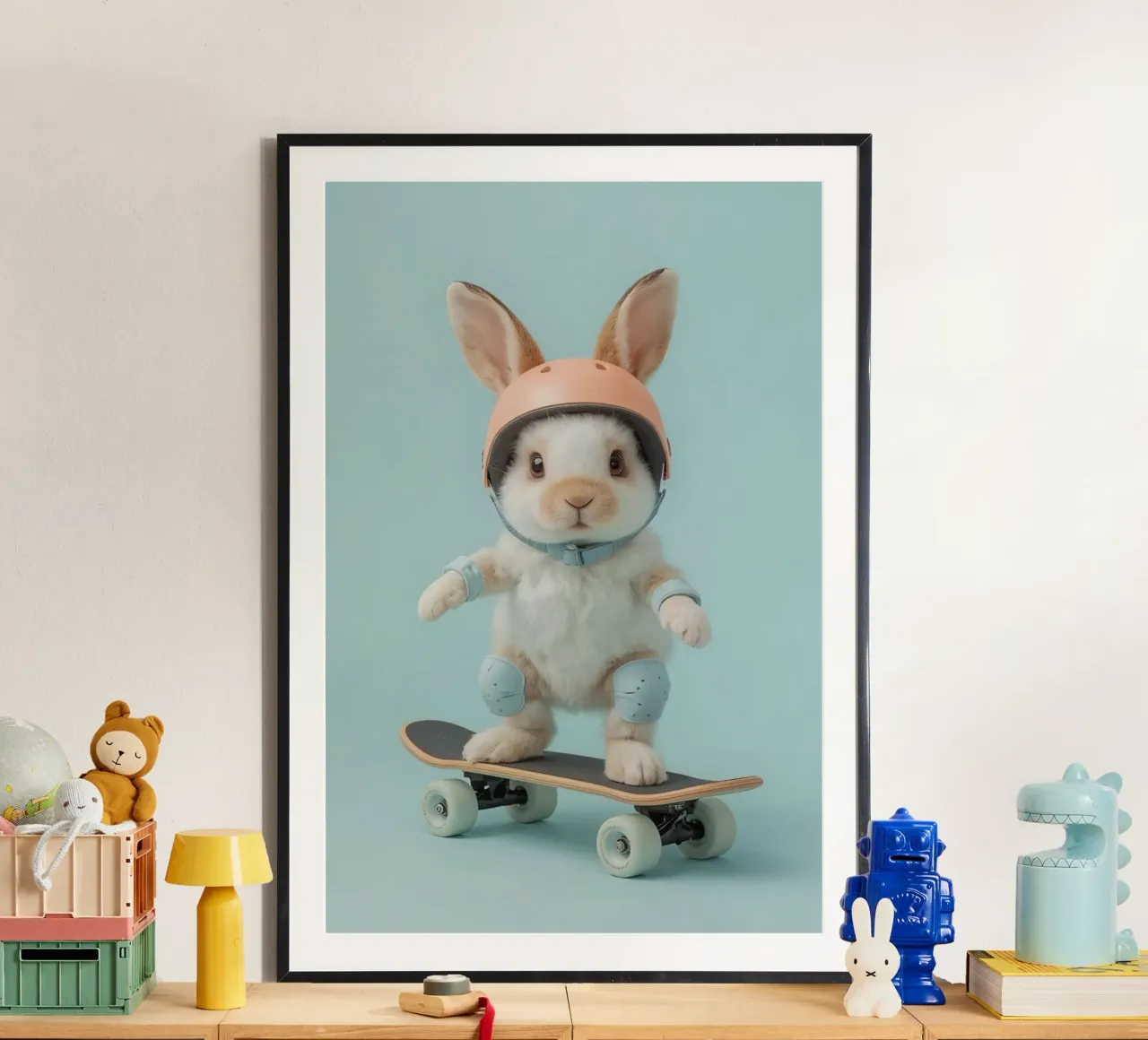 Coniglio su skateboard con attrezzatura di sicurezza poster con telaio in legno da DesignDoodle