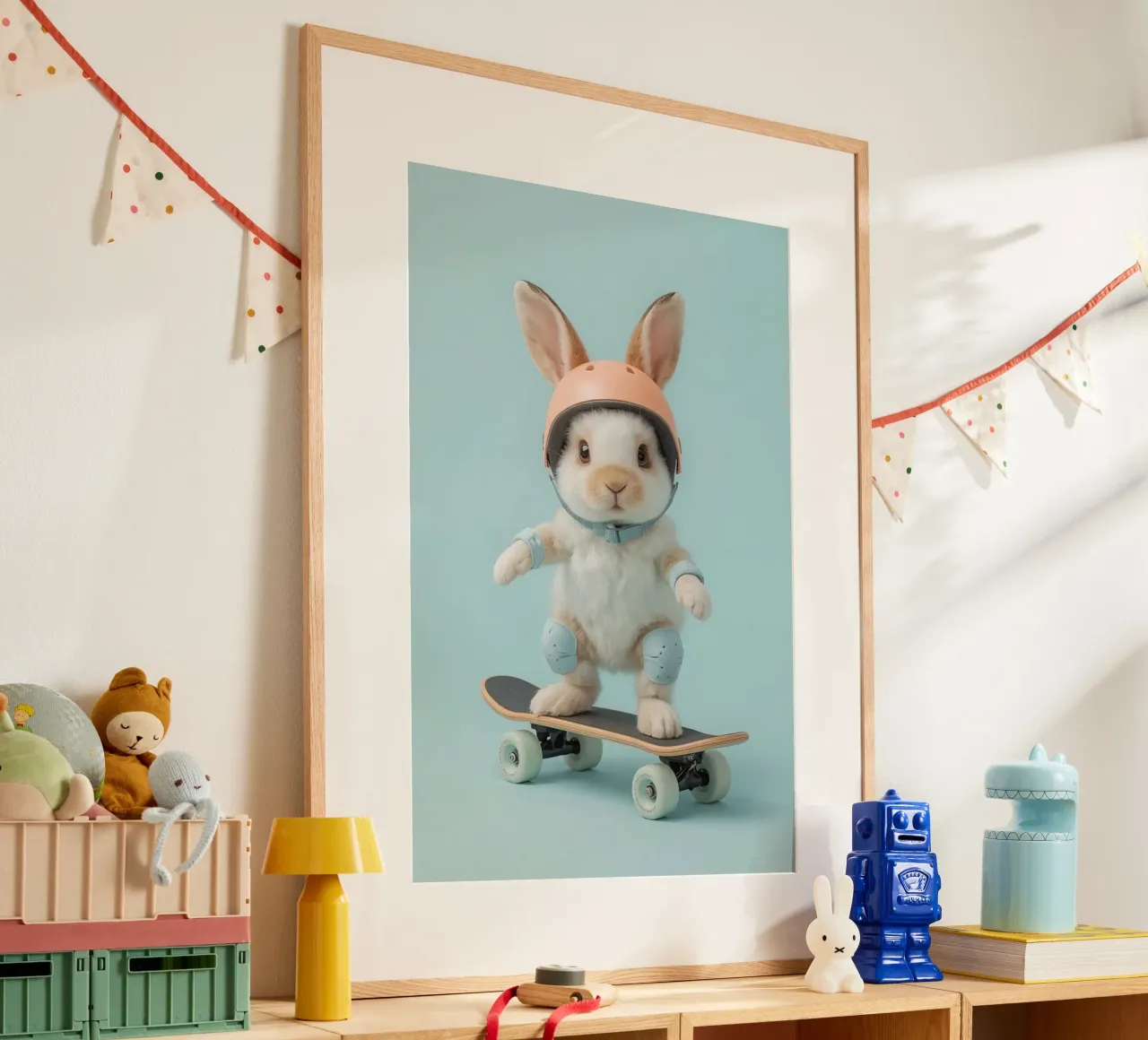 Coniglio su skateboard con attrezzatura di sicurezza poster con telaio in legno da DesignDoodle