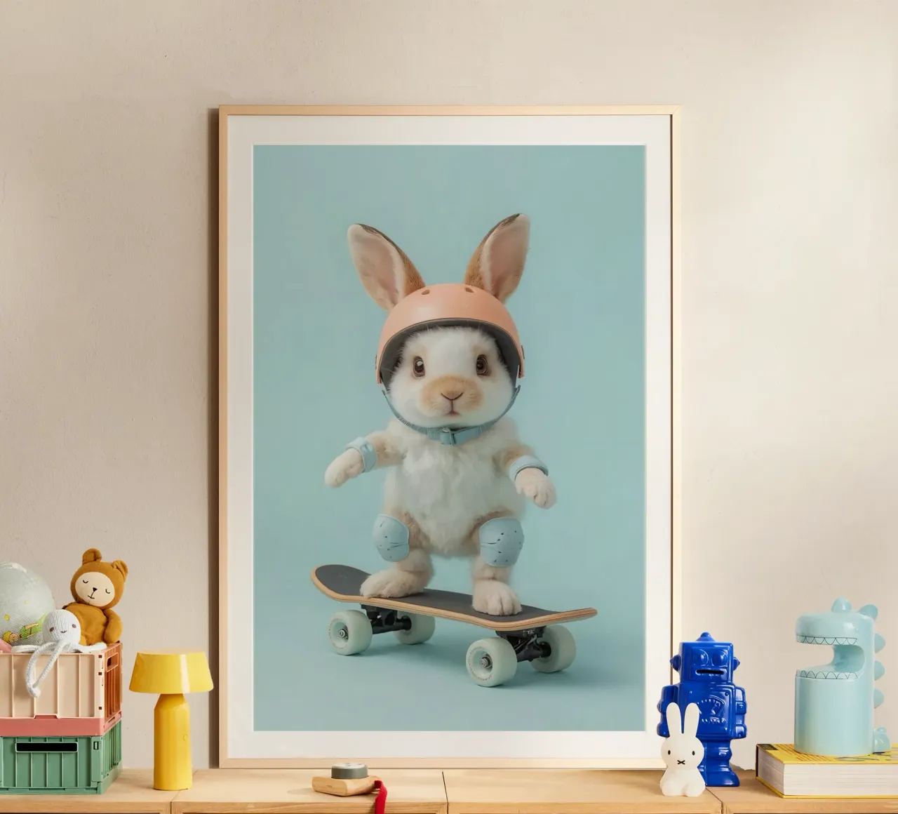 Coniglio su skateboard con attrezzatura di sicurezza poster con telaio in legno da DesignDoodle