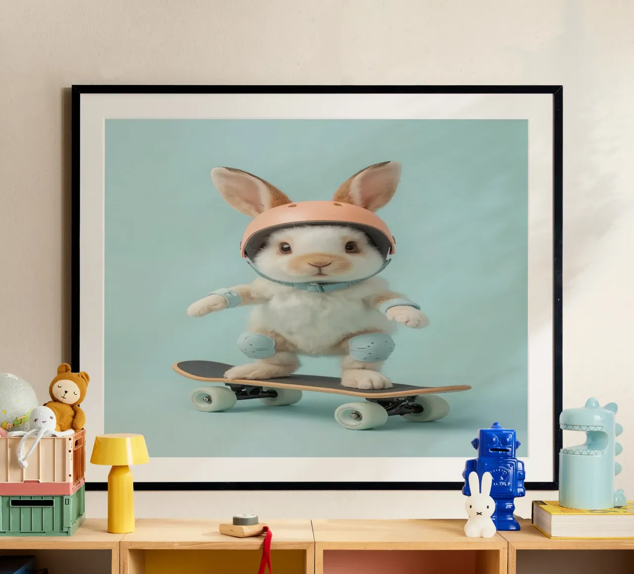 Coniglio su skateboard con attrezzatura di sicurezza poster con telaio in legno da DesignDoodle