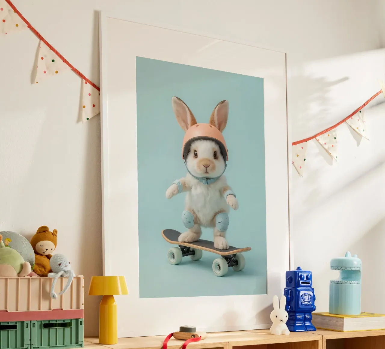 Coniglio su skateboard con attrezzatura di sicurezza poster con telaio in legno da DesignDoodle
