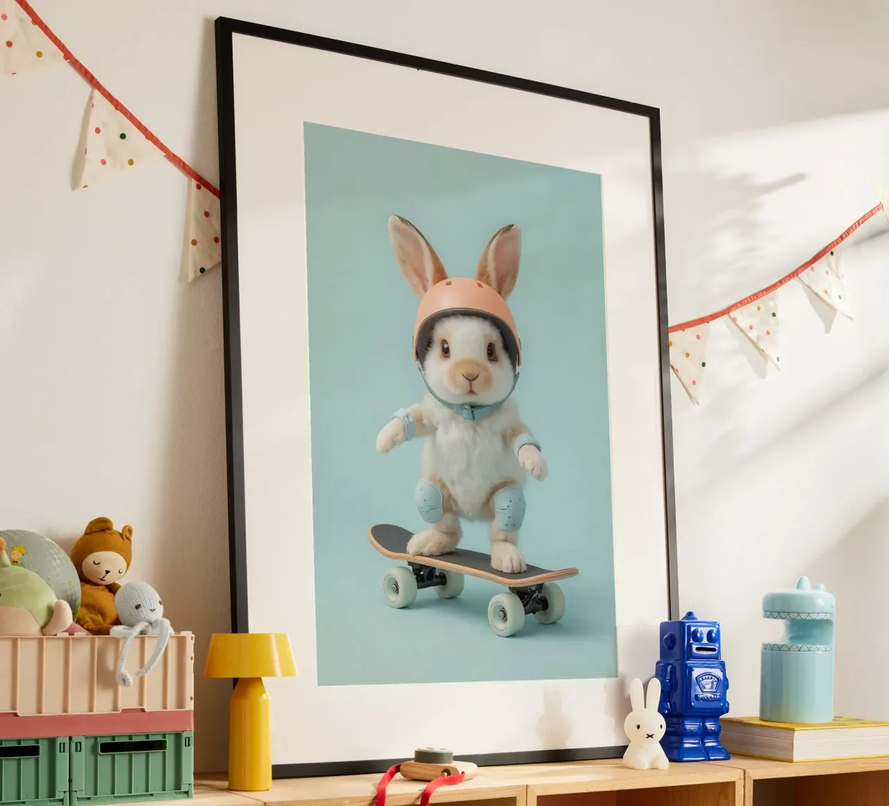 Coniglio su skateboard con attrezzatura di sicurezza poster con telaio in legno da DesignDoodle