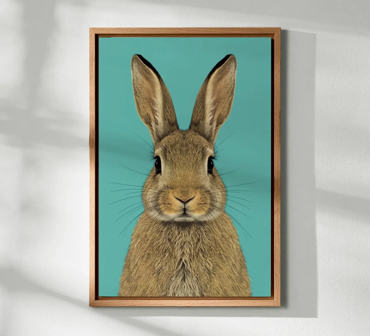 Rabbit Portrait on Blue Background canvas with Floater frame by DesignDoodle