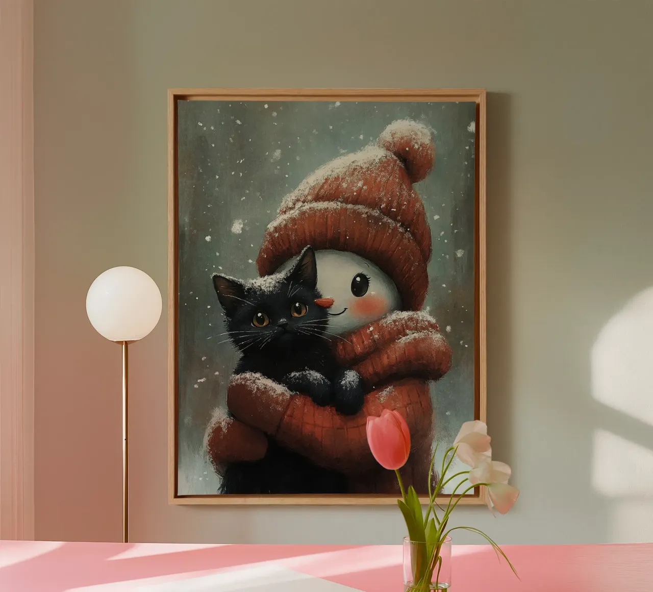 Schneemann umarmt eine schwarze Katze Leinwand mit Schattenfugenrahmen von David Jackson