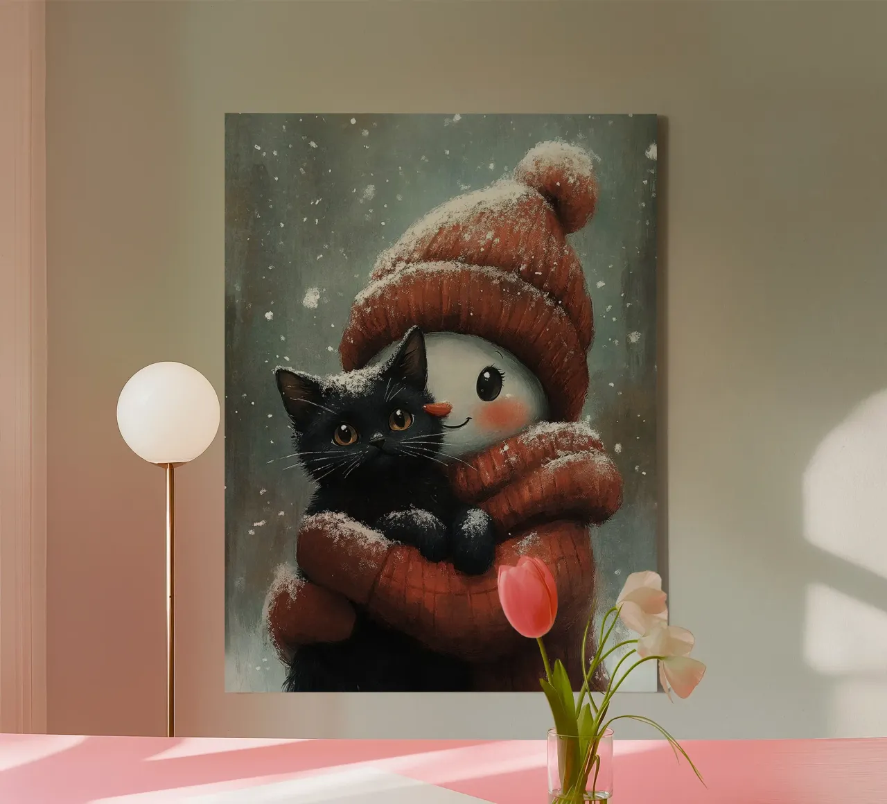 Schneemann umarmt eine schwarze Katze Leinwand mit Schattenfugenrahmen von David Jackson