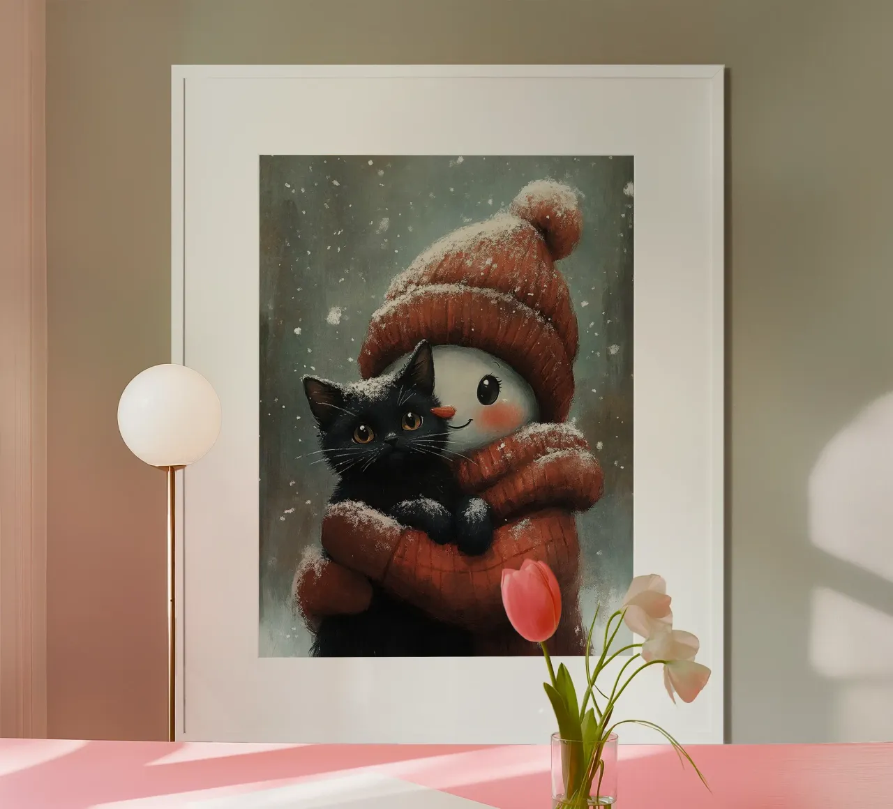 Il pupazzo di neve abbraccia un gatto nero poster con telaio in plastica da David Jackson