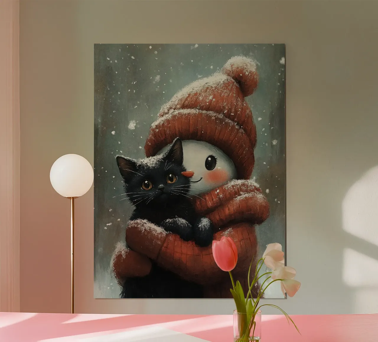 Il pupazzo di neve abbraccia un gatto nero poster con telaio in plastica da David Jackson