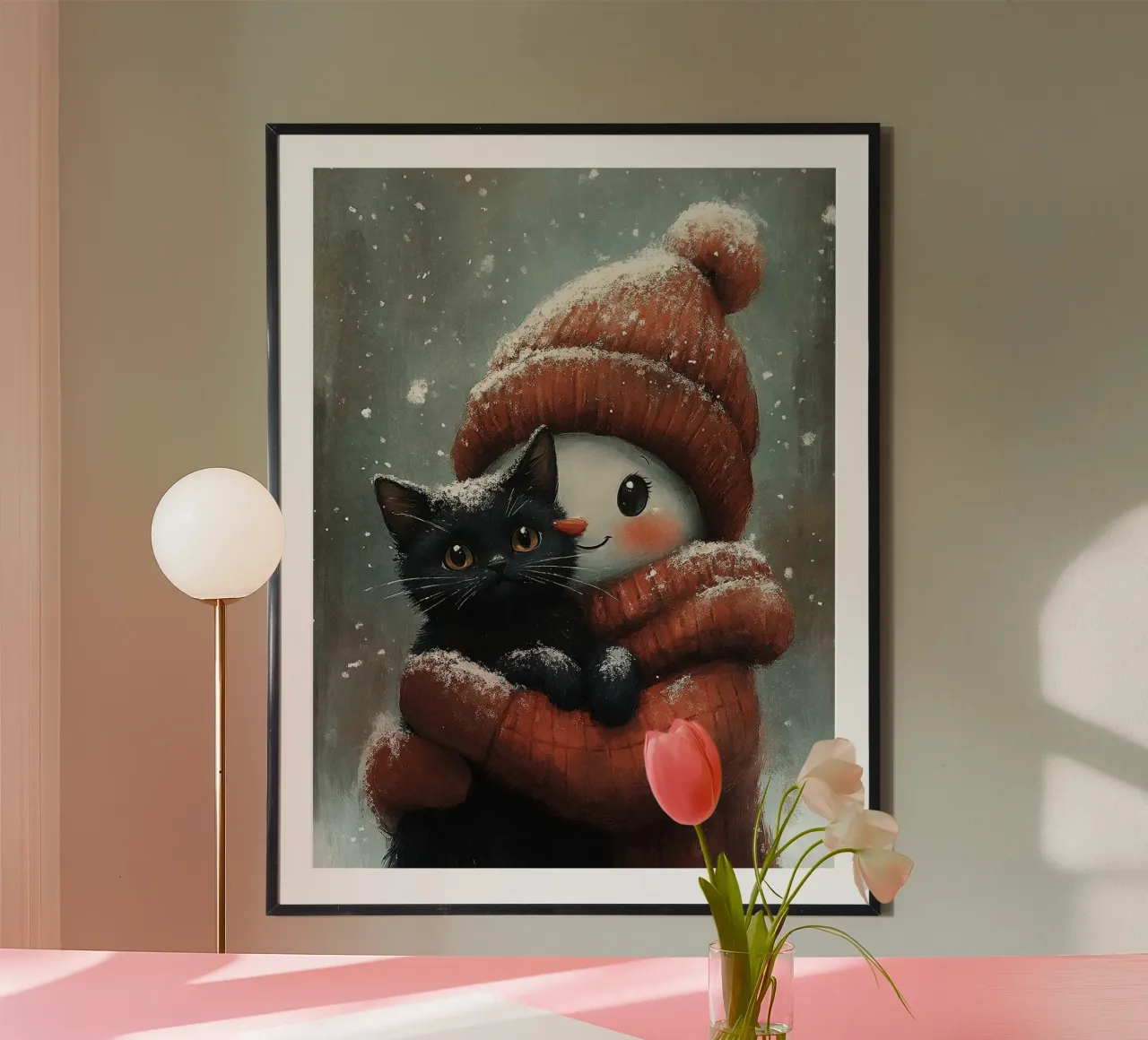 Il pupazzo di neve abbraccia un gatto nero poster con telaio in plastica da David Jackson