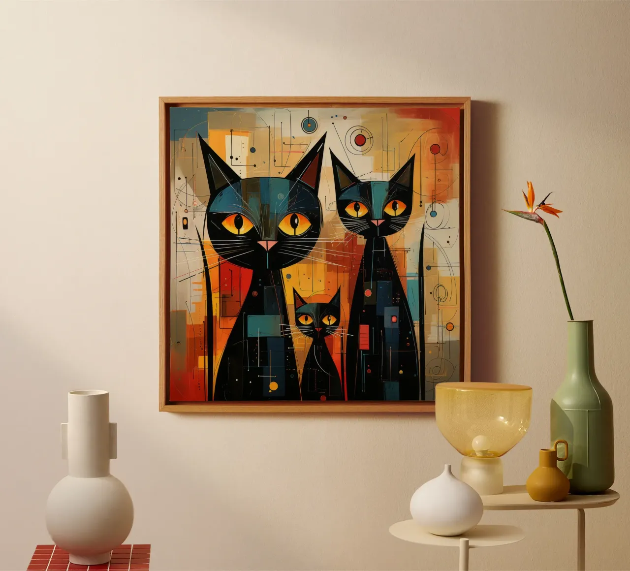 Tre gatti neri tela con Cornice a cassetta da David Jackson
