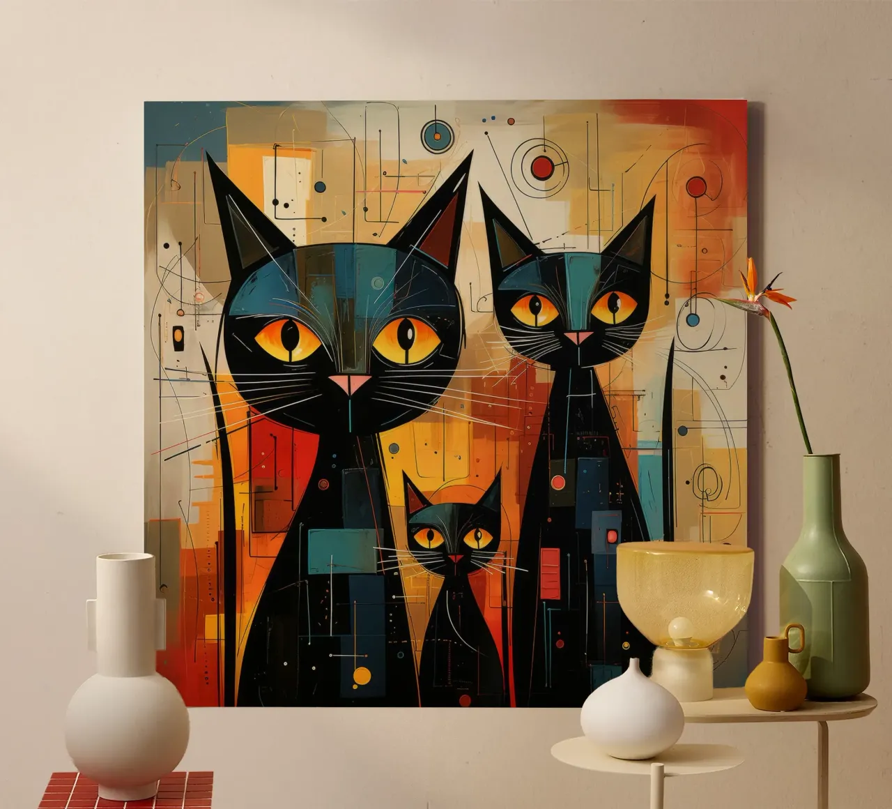 Tre gatti neri tela con Cornice a cassetta da David Jackson