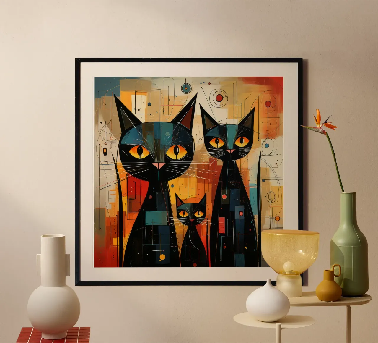 Tre gatti neri poster con telaio in plastica da David Jackson