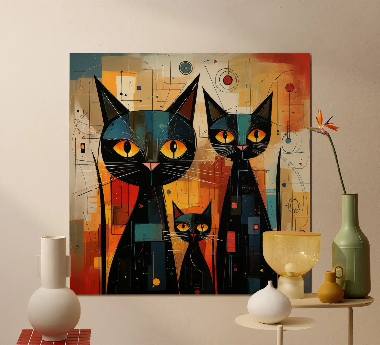 Tre gatti neri poster con telaio in plastica da David Jackson