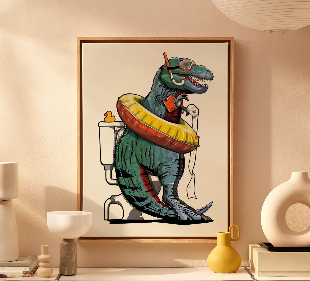 Tyrannosaurus Dinosaur on the Toilet canvas with Floater frame by David Jackson