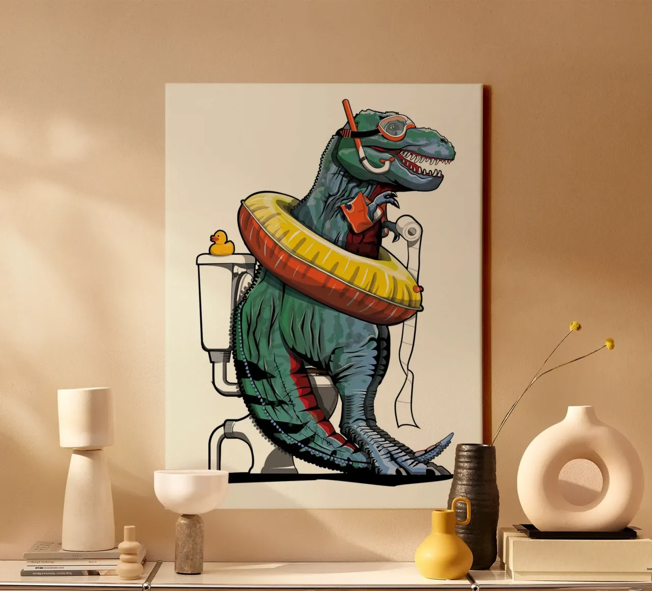 Tyrannosaurus Dinosaur on the Toilet canvas with Floater frame by David Jackson