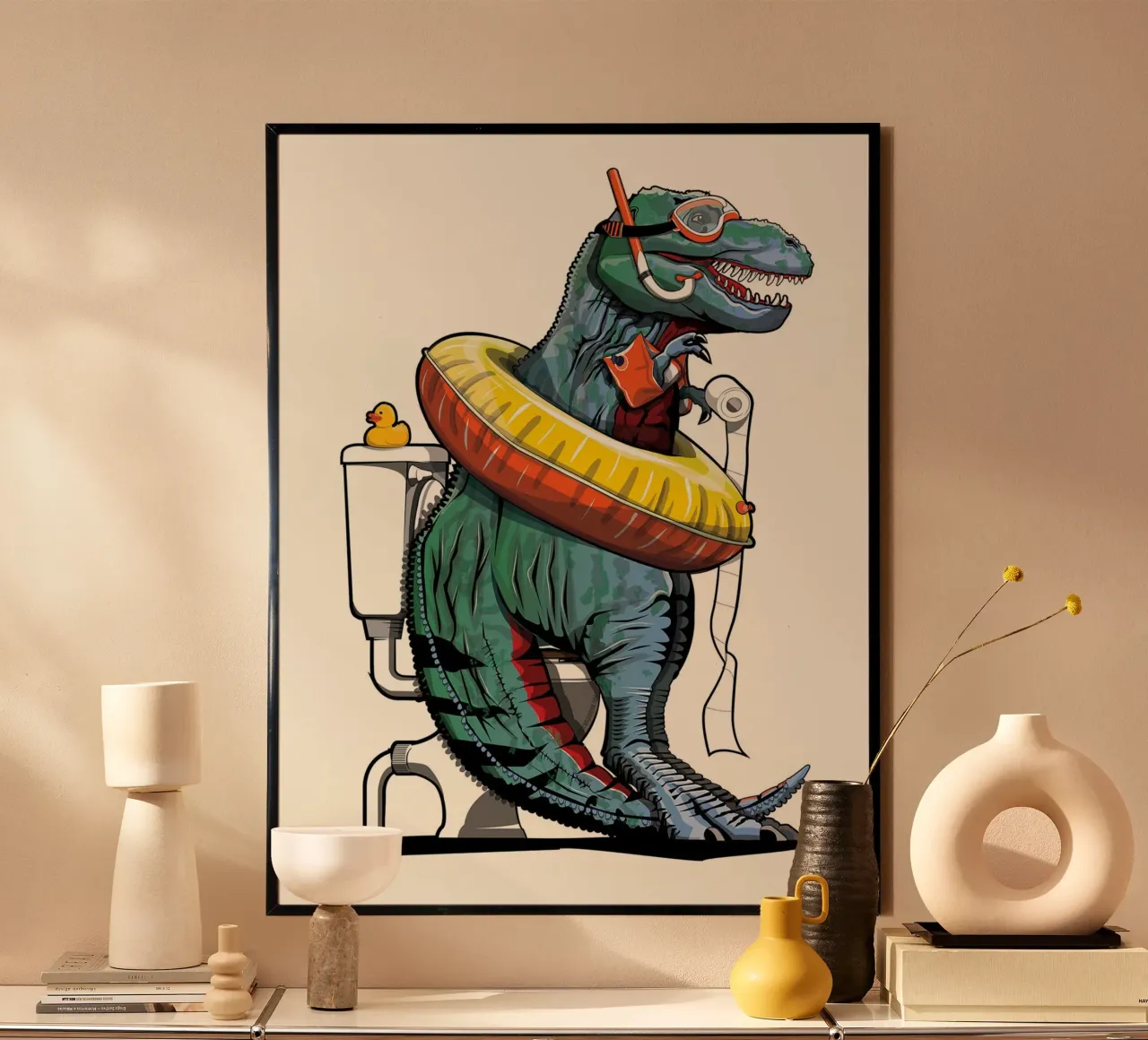 Dinosauro tirannosauro sul water poster con telaio in alluminio da David Jackson