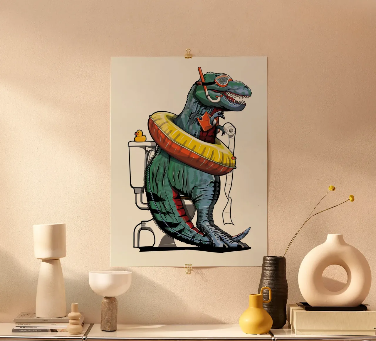 Dinosauro tirannosauro sul water poster con telaio in alluminio da David Jackson